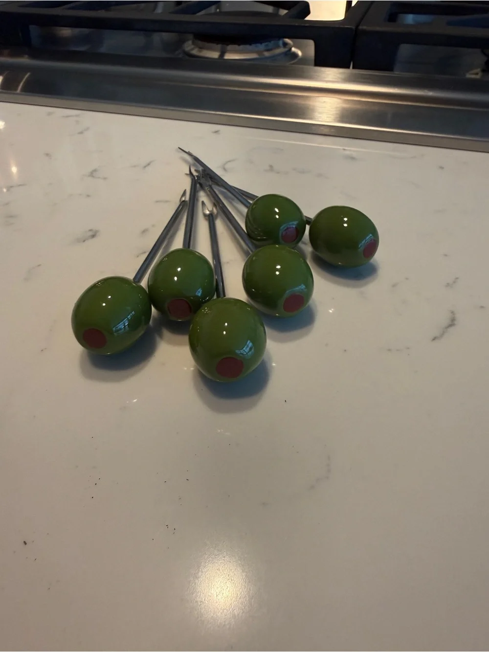 Vtg. Olive Cocktail Picks Set of 6 Green Pimento Martini Barware Appetizer Forks